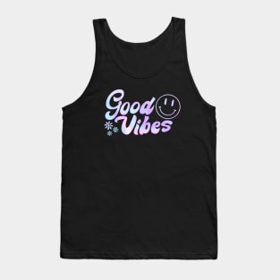 Groovy Good Vibes: 70s Holographic Text & Smiley Face Art Tank Top